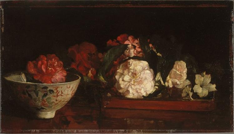 John La Farge Flowers on a Japanese Tray on a Mahogany Table oil painting image